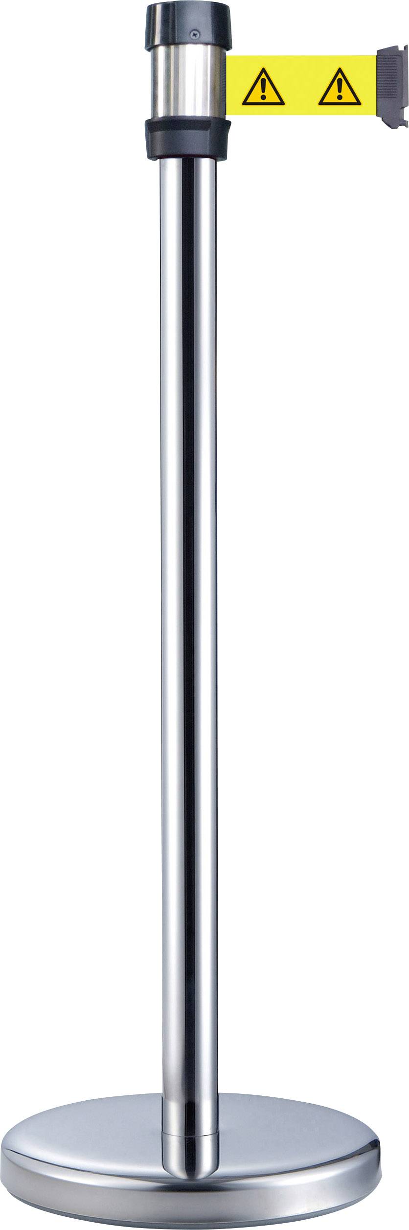 Ein silberner Abgrenzungsständer mit gelbem Band. Das Band hat Warnzeichen, die vor Gefahren oder Absperrung hinweisen.