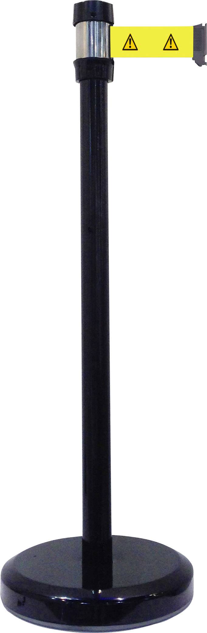 Ein schwarzer Absperrpfosten mit gelbem Band, darauf schwarze Warnsymbole.