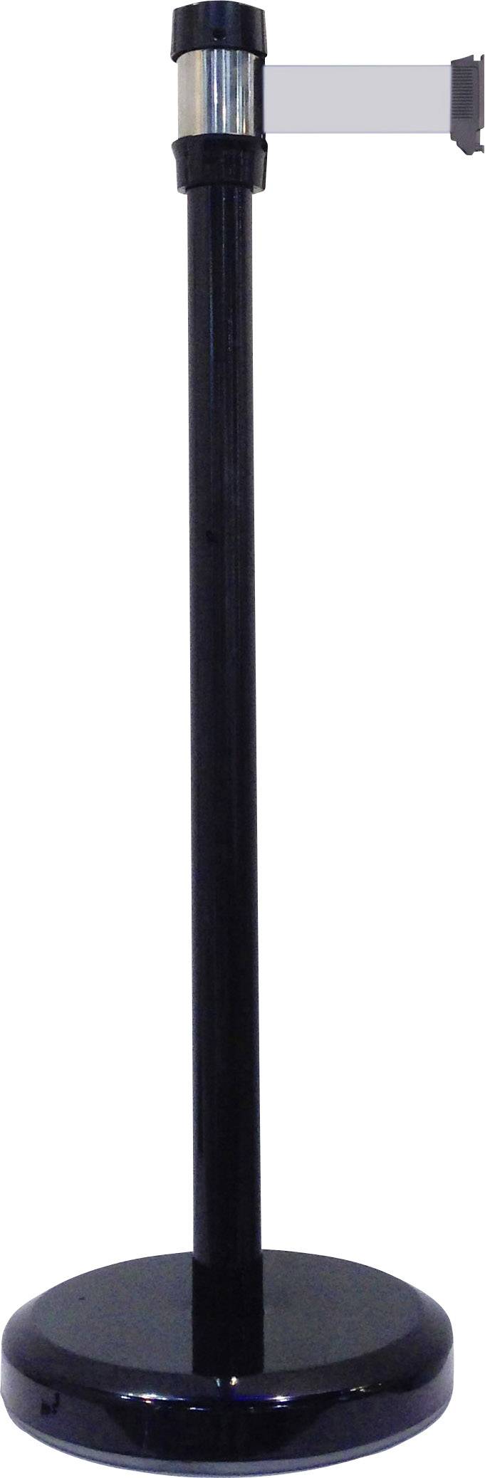 Schwarzer Absperrpfosten mit seitlichem, einziehbarem Gurtband, oft zur Zugangskontrolle oder für Warteschlangen verwendet.