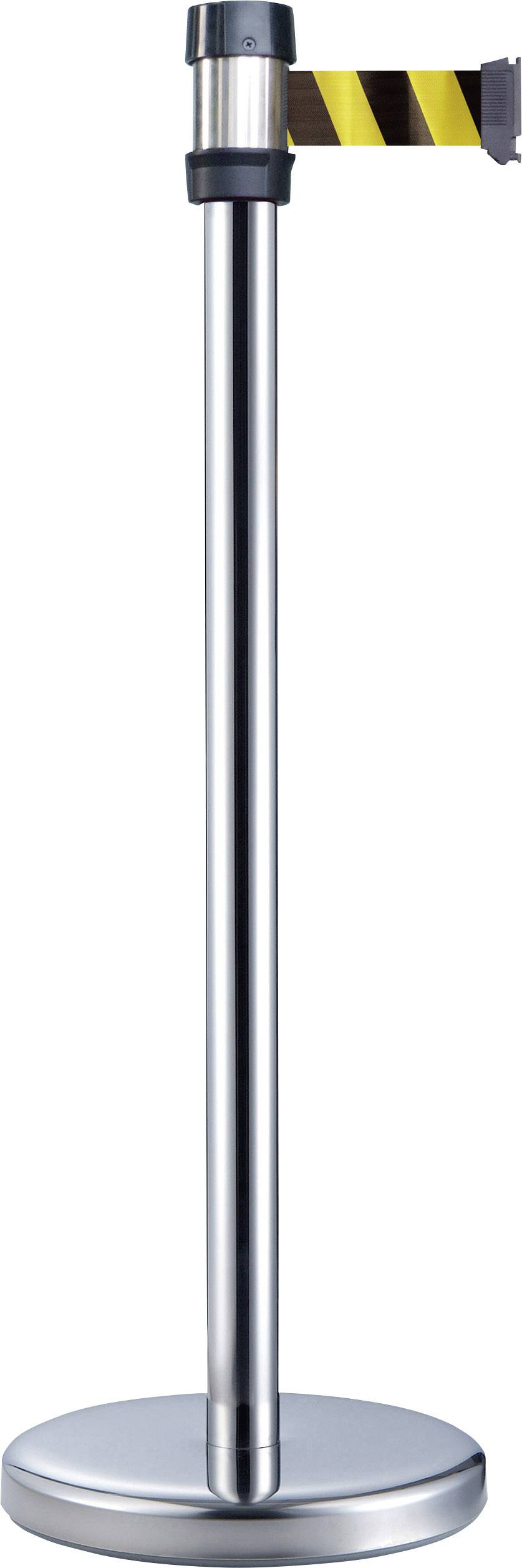 Ein silberner Absperrständer mit einem ausziehbaren gelbschwarzen Band.