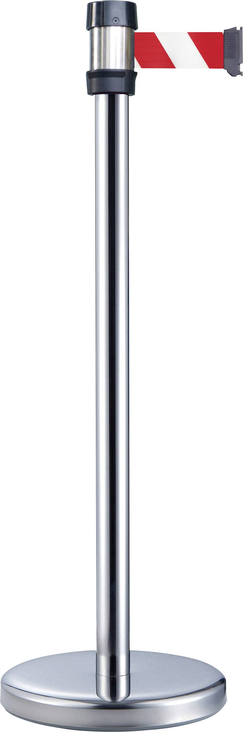Eine silberne Absperrpfosten mit einem rot-weiß gestreiften Band, häufig in öffentlichen Bereichen zur Absperrung genutzt.