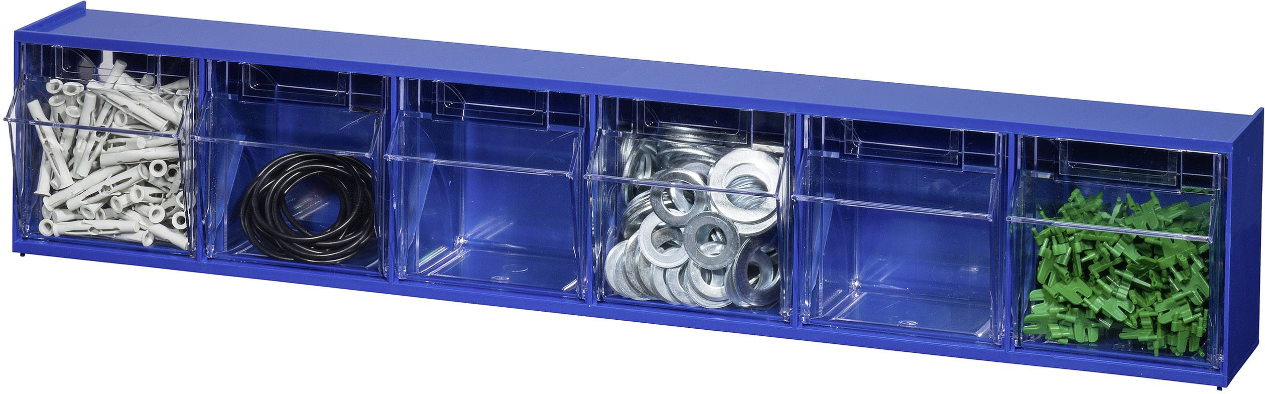 Ein blauer Werkzeugkasten mit fünf Fächern, gefüllt mit Schrauben, Draht, Unterlegscheiben und grünen Kabelbindern, aufgereiht zur Aufbewahrung.