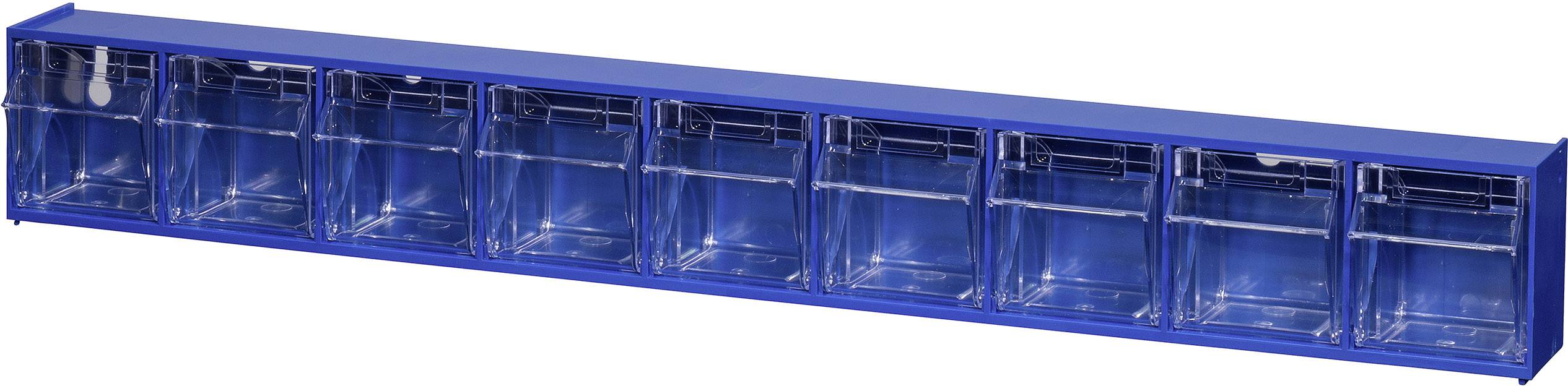 Blauer Aufbewahrungsorganizer mit acht transparenten Fächern, geeignet zur Aufbewahrung kleinerer Gegenstände in Werkstätten oder Büros.