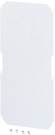 Metallplatte mit abgeschrägten Ecken, daneben fünf kleine Schrauben.