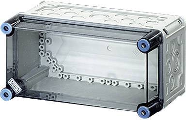 Transparente elektrische Anschlussdose mit mehreren Öffnungen an der Seite und verschraubbarem Deckel.