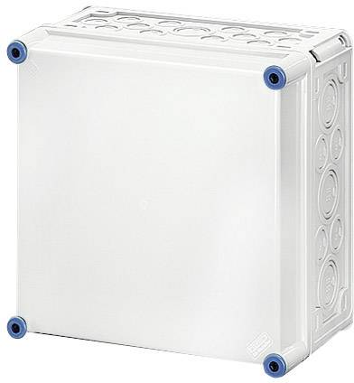 Weiße quadratische Box mit blauen Ecken. Geeignet für den Wetterschutz von elektrischen Geräten.
