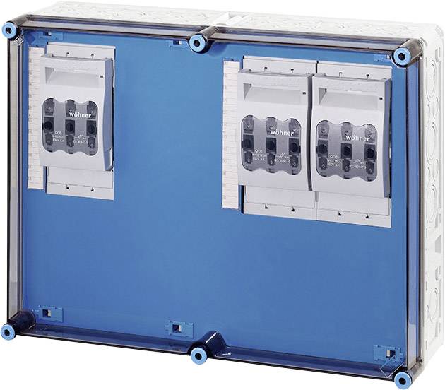 Ein blauer Sicherungskasten mit zwei sichtbaren Sicherungen ist in einem transparenten Gehäuse montiert, das für elektrische Verbindungen genutzt wird.