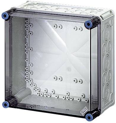 Grauer, transparenter Anschlusskasten mit mehreren Einführungen für Kabel oder Leitungen, geeignet für die Installation in Innenräumen.