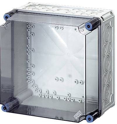 Leere transparente Kunststoffbox mit Öffnungen und blauen Schrauben an den Ecken, vermutlich für elektronische Anwendungen.