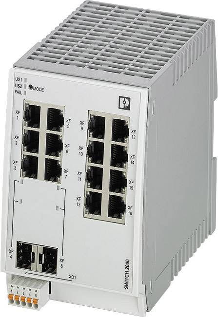 Industrie-Ethernet-Switch mit 16 Ports, geeignet für die Vernetzung mehrerer Geräte in industrieller Umgebung.