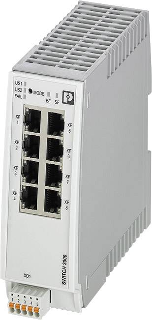 Ein industrieller Ethernet-Switch mit acht Netzwerkanschlüssen, montiert auf einer DIN-Schiene, geeignet für industrielle Anwendungen.