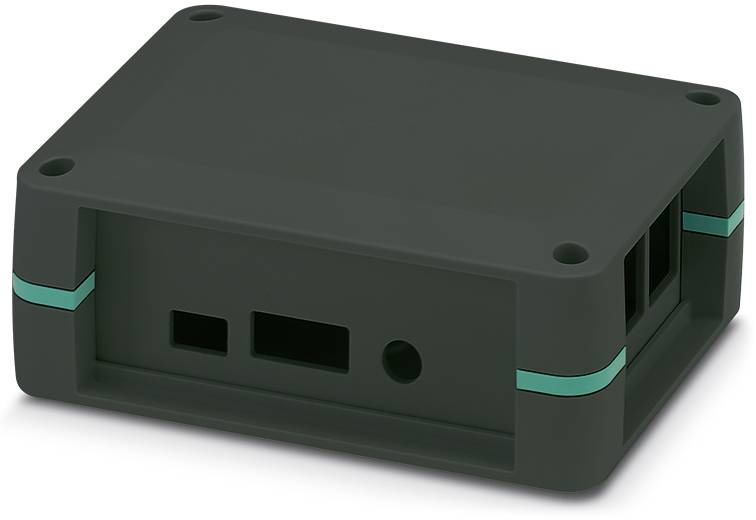 Ein kompaktes, rechteckiges, schwarzes Gehäuse mit mehreren Anschlussöffnungen, geeignet für elektronische Geräte.