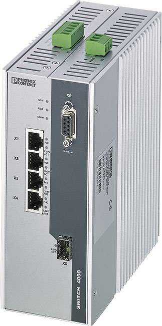 Ein industrieller Ethernet-Switch von Phoenix Contact mit vier RJ45-Ports und einem seriellen Anschluss, geeignet für industrielle Netzwerke.