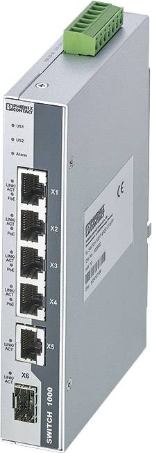 Industrieller Ethernet-Switch mit sechs Ports, darunter fünf RJ45-Ports und ein optischer Anschluss, geeignet für Netzwerkverbindungen.