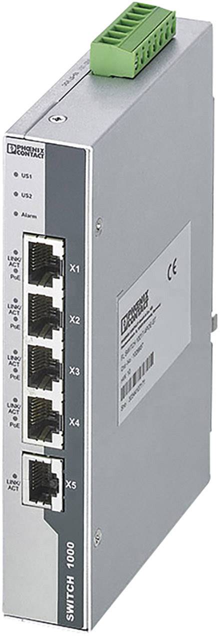 Ein Industrie-Ethernet-Switch mit fünf RJ45-Ports und Statusanzeigen für Gbit und Alarm auf der Vorderseite.