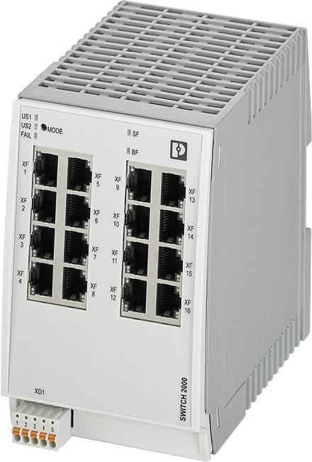 Netzwerkswitch mit 16 Ethernet-Ports, graues Gehäuse; dient zur Verbindung mehrerer Netzwerkgeräte. Im Vordergrund sichtbare Anschlüsse.