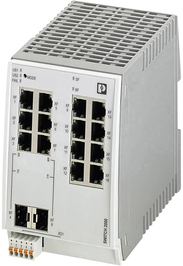 Ein industrieller Netzwerk-Switch mit 16 Ethernet-Ports, geeignet für die Montage auf einer DIN-Schiene in Steuerungsanlagen.