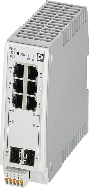 Industrie-Ethernet-Switch mit acht RJ45-Ports und zwei Glasfaseranschlüssen in einem grauen Gehäuse für die Hutschienenmontage.