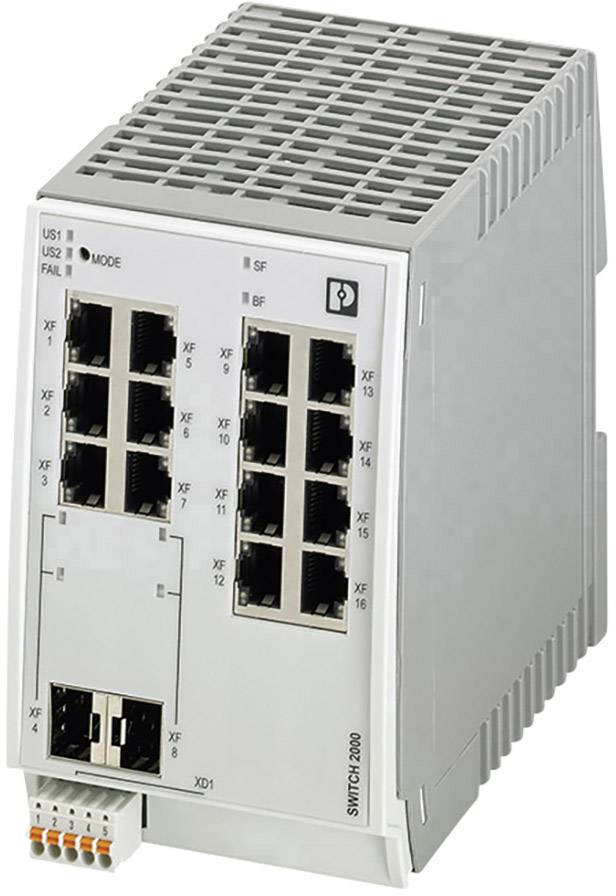 Ein grauer Ethernet-Switch mit mehreren LAN-Ports auf der Vorderseite, geeignet für die industrielle Nutzung.