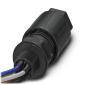 Ein schwarzer Steckverbinder mit mehreren Drähten in blauen, weißen und schwarzen Farben, vermutlich für elektrische Anwendungen.