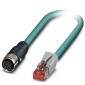 Ein grünes Kabel mit einem 9-poligen D-Sub-Stecker an einem Ende und einem RJ45-Stecker am anderen Ende, verwendet für Netzwerkverbindungen.