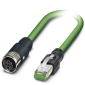 'Industrielles Kabel' mit einem runden Mehrpol-Stecker auf einer Seite und einem Ethernet-Stecker auf der anderen, grün ummantelt.