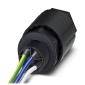 Ein schwarzer Kabelstecker mit mehreren farbigen Drähten, darunter grün-gelb, blau und weiß, die aus der Rückseite herausragen.