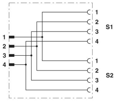 Schaltplan mit zwei Schaltern (S1, S2), je vier Anschlüsse (1-4). Verbindungslinien zeigen elektrische Schaltungen und Verbindungen.