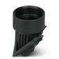 Ein schwarzer Kunststoff-Adapter mit einer geriffelten Struktur, der als Übergangsverbindung für verschiedene Rohrsysteme genutzt wird.