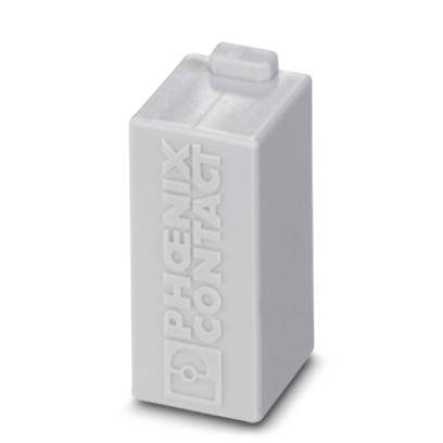 Ein weißer, rechteckiger Kunststoffblock mit der Aufschrift 'Phoenix Contact' in erhabenen Buchstaben.