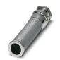 Metallschlauch, flexibel, mit silberner Ummantelung und Anschlüssen an beiden Enden, auf weißem Hintergrund.