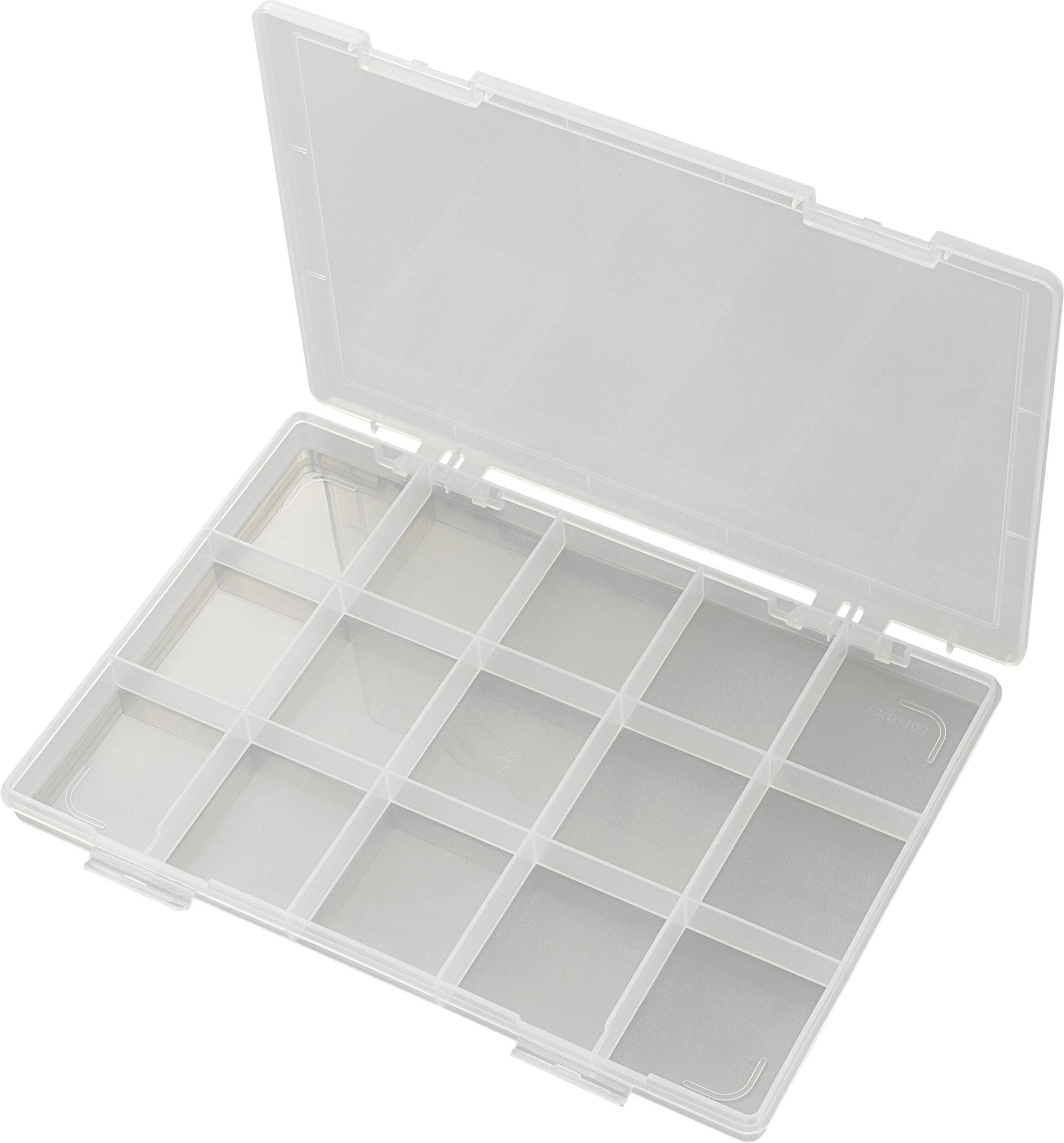 Transparente Kunststoffbox mit 12 leeren Fächern, ideal zur Aufbewahrung kleiner Gegenstände.