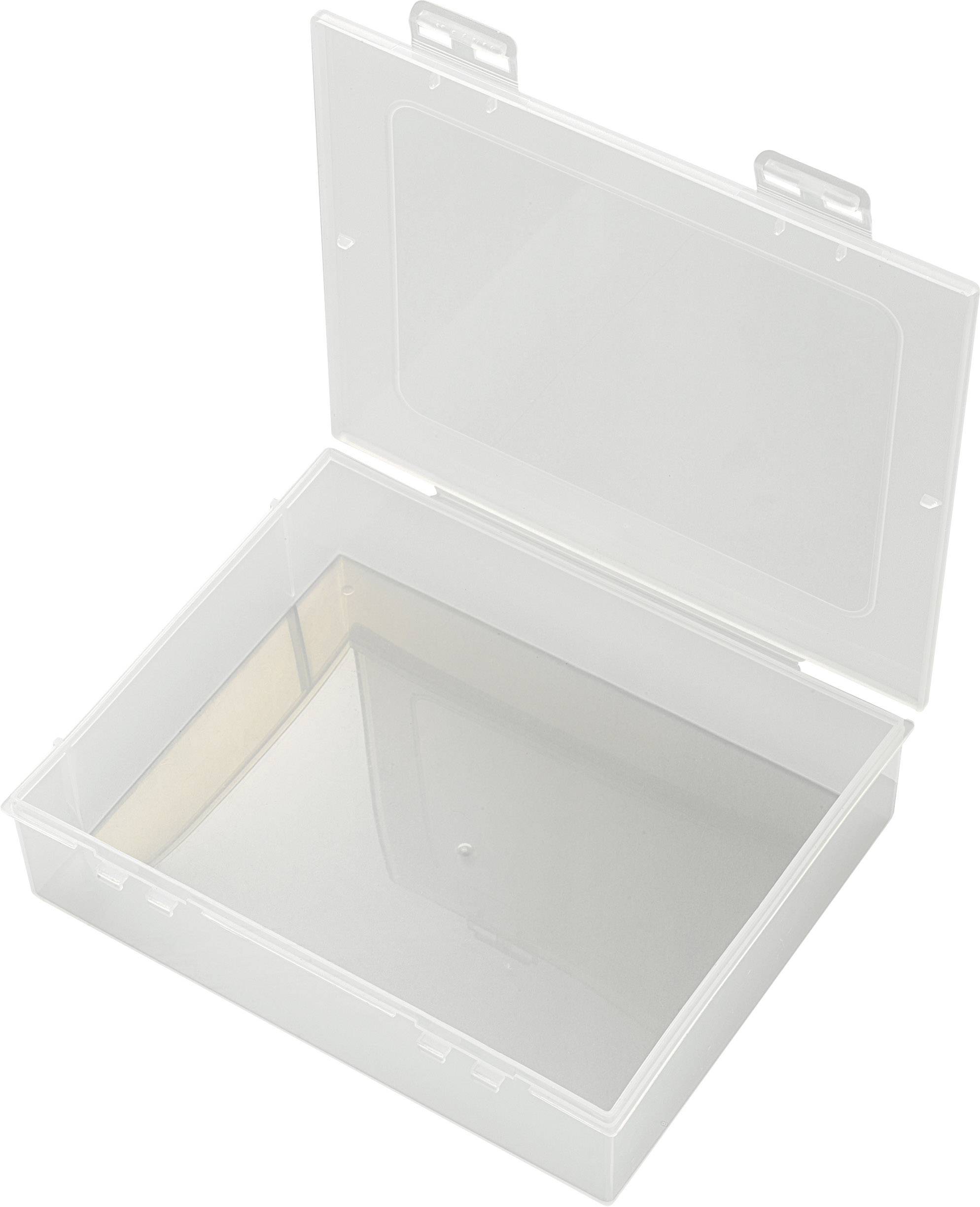 Eine offene, durchsichtige Kunststoffbox mit Klappdeckel. Ideal zur Aufbewahrung kleinerer Gegenstände oder zur Organisation von Materialien.