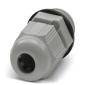 Nahaufnahme eines grauen Kunststoff-Kabelverschraubungselements mit gerillter Oberfläche und schwarzem Dichtungseinsatz.