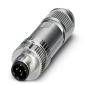 Ein silberner, zylindrischer Stecker mit mehreren runden Pins, der für elektronische Verbindungen verwendet wird.