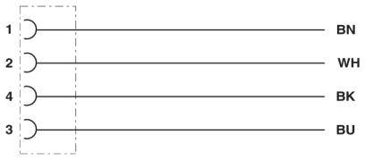 Diagramm mit vier parallelen Linien: 1 (BN), 2 (WH), 4 (BK), 3 (BU). Linien verlaufen nach rechts.