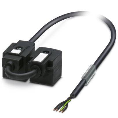 Schwarz verkabelter elektrischer Sensor mit Steckverbindung zeigt dessen Kompaktheit und technische Ausstattung.