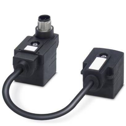 Zwei schwarze, rechteckige elektronische Sensoren mit Kabel verbunden, für industrielle Anwendungen bestimmt.