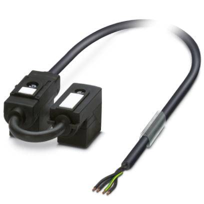 Kabel-anschluss mit zwei schwarzen Kunstoffelementen; zeigt die Verbindung eines Stromkabels mit offener Drahtspitze.