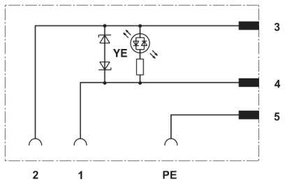 Schaltplan zeigt eine gelbe LED mit Schutzdiode zwischen den Anschlüssen 2, 3, 4, 5 und PE.