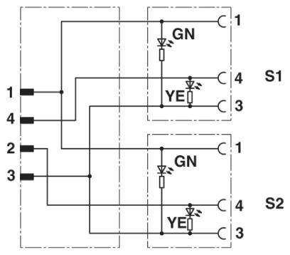 Phoenix Contact M12/M8/M8 Verteilerkabel mit LED 1xStift/2xBuchse gerade/gewink. 3/3-pol. A-Kodierung, 24V, 4A,