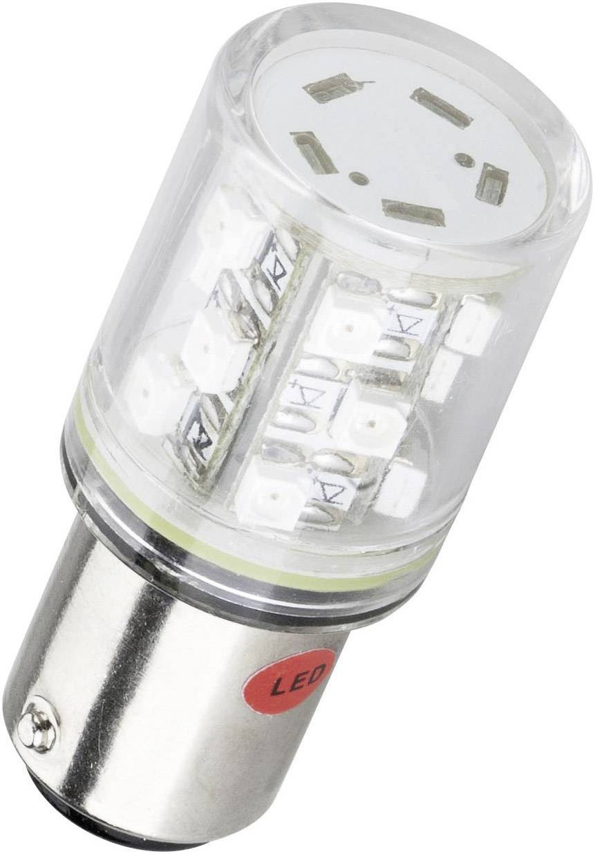 'LED-Lampe mit zylindrischer Form und sichtbaren weißen LEDs im Inneren, silberner Sockel und rotem Etikett mit Aufschrift 
