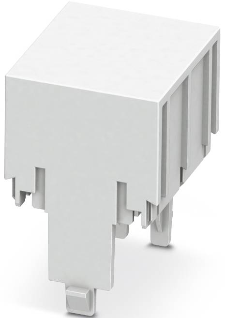 Ein weißer elektrischer Anschlussadapter in blockförmigem Design, perspektivisch dargestellt.