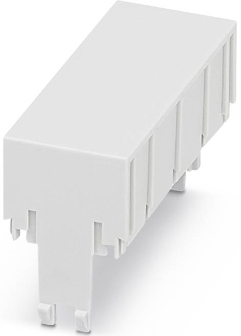 Ein weißes Kunststoff-Bauteil mit rechteckiger Form und mehreren Montagezähnen an der Unterseite, wahrscheinlich ein elektrischer Steckverbinder.