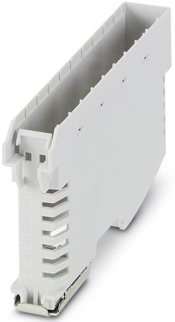 Eine weiße, rechteckige elektronische Komponente mit Befestigungselementen, die für industrielle Anwendungen genutzt wird.