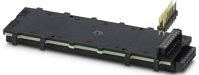 Ein schwarzer elektronischer Steckverbinder mit mehreren goldfarbenen Stiften, liegt auf einer flachen Oberfläche.