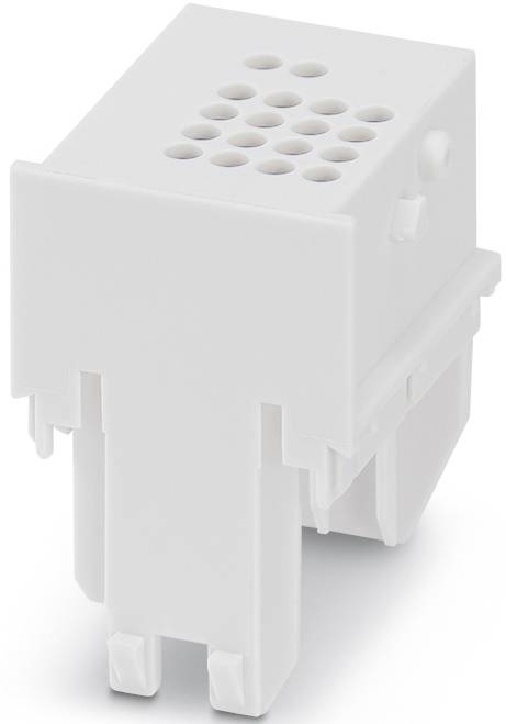 Ein weißer Steckverbinder mit mehreren Löchern an der Oberseite und seitlichen Steckstiften zur elektrischen Verbindung.