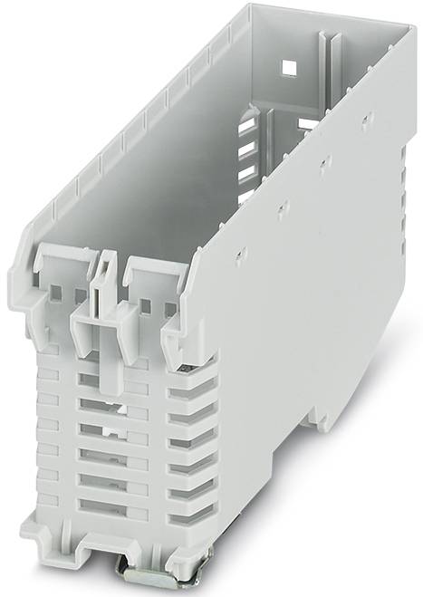 Graues Kunststoffgehäuse für elektronische Geräte mit Montagevorrichtung, geeignet für Hutschienenmontage, Lüftungsschlitze vorhanden.