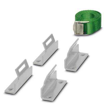 Metallhalterungen und ein grüner Spanngurt zur Sicherung von Gegenständen, auf einem weißen Hintergrund dargestellt.