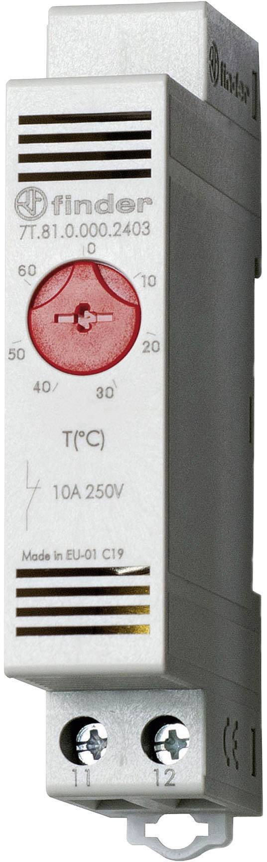 Temperaturregler von Finder, Modell 7T.81, für 10A, 250V. Zeigt eine Skala von 0 bis 60 Grad Celsius mit rotem Einstellrad.